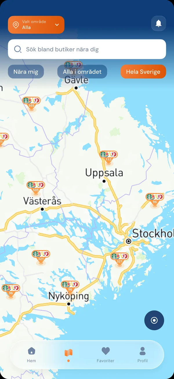 Klubbrabatten map of stores across Sweden