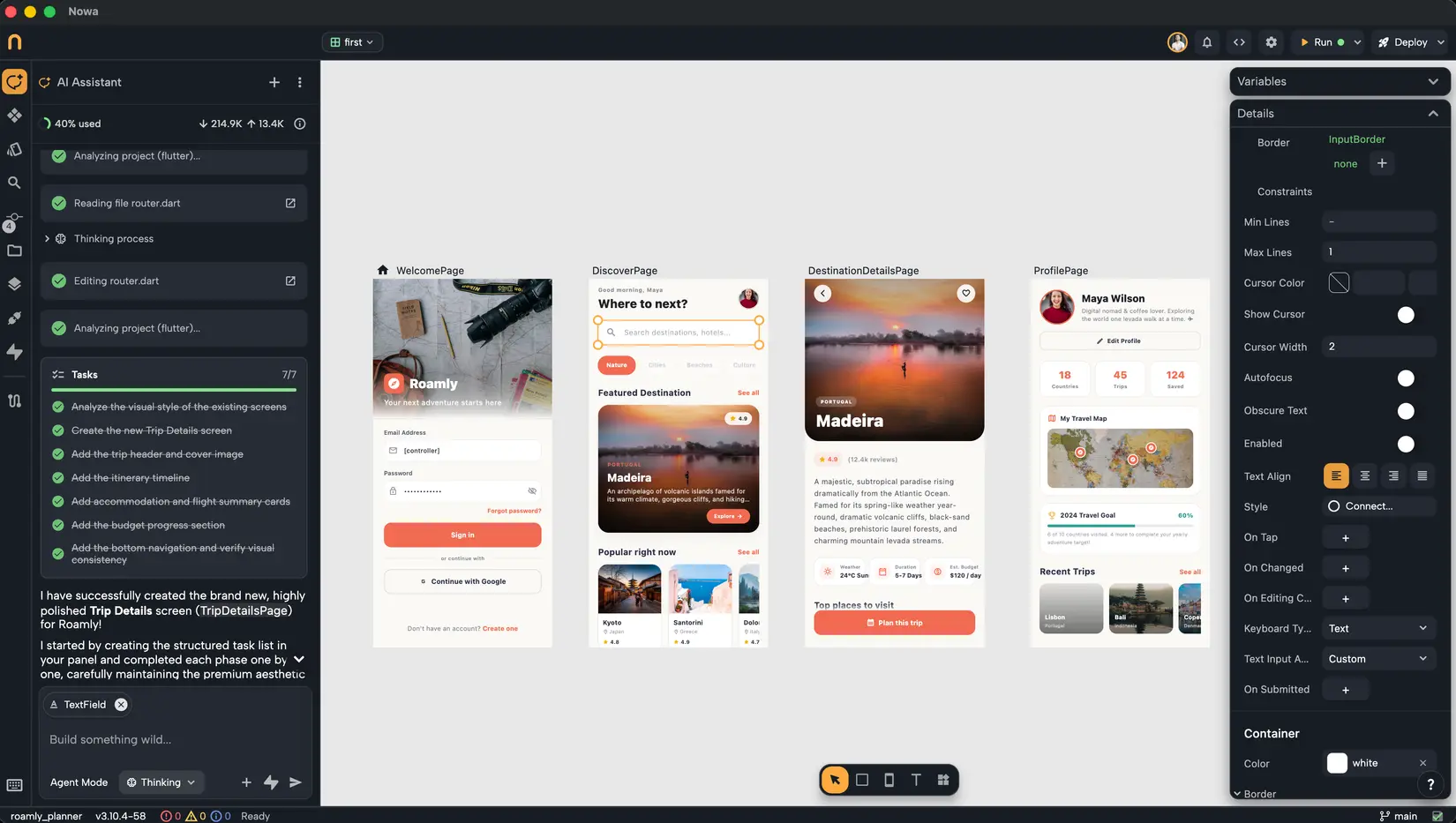 The Nowa editor: an AI assistant on the left, app screens on the canvas, and widget properties on the right