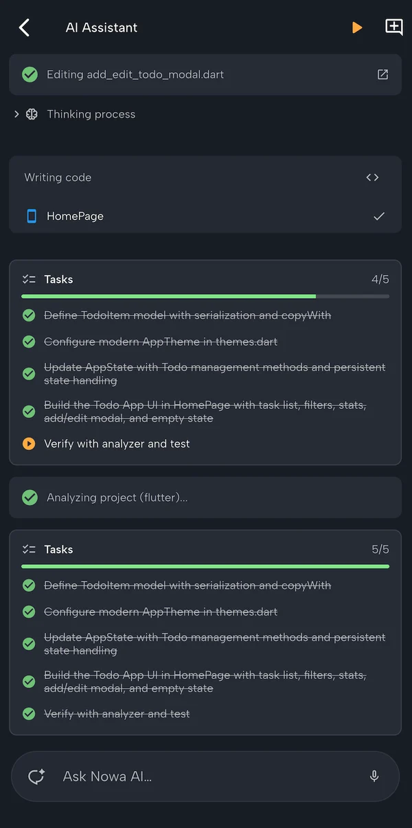 Nowa Go AI assistant working through a task list
